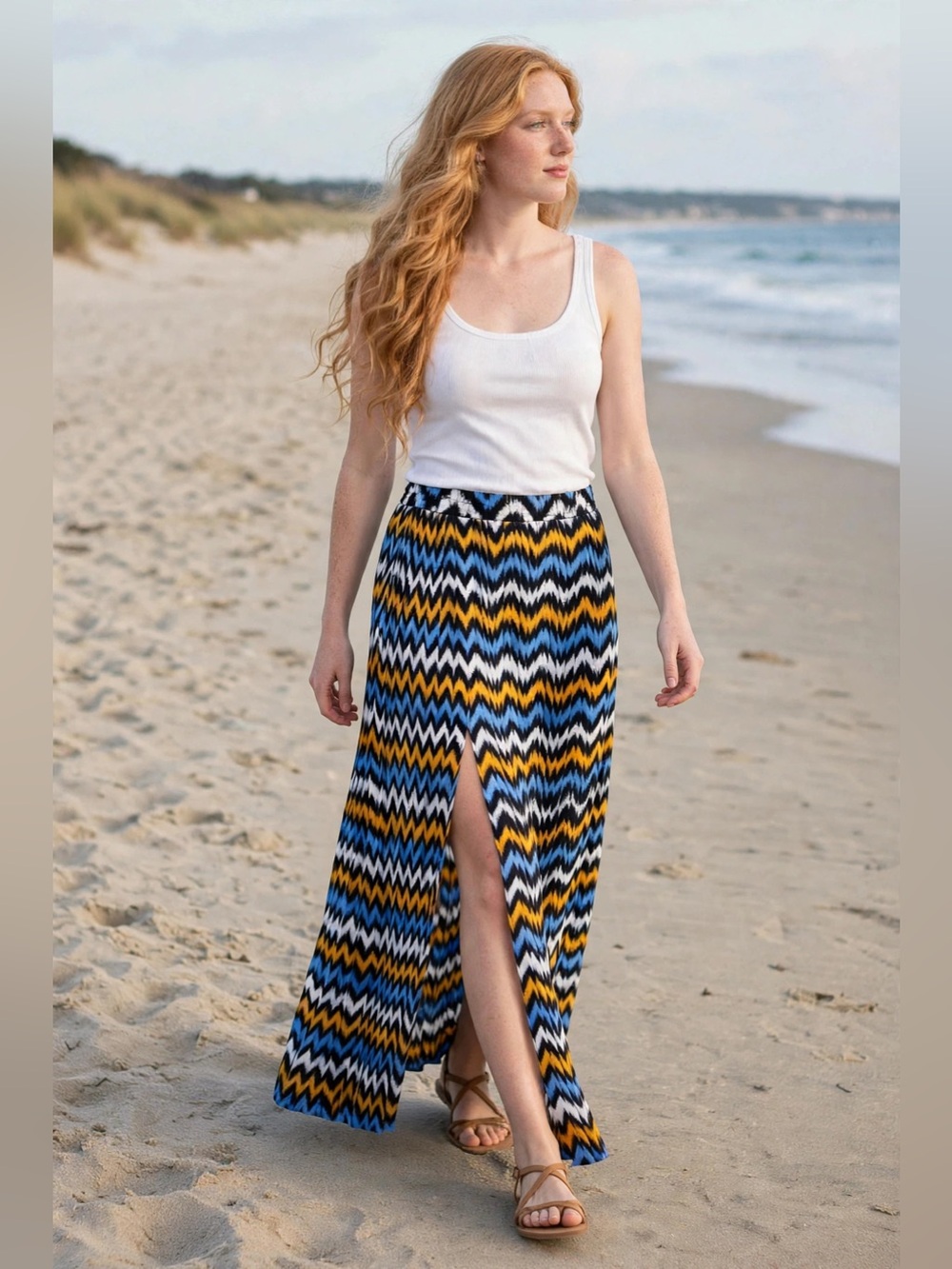 MICHAEL KORS YELLOW/BLUE/BLACK & WHTE Ikat Print Pleat Maxi Skirt w/Slit 2X  NWT